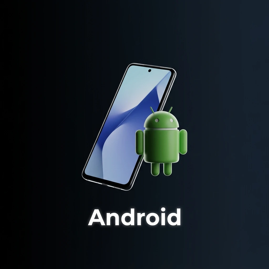 Ilustração do app Android com instruções para baixar APK, instalar no Android 7.0+ e fazer login na conta