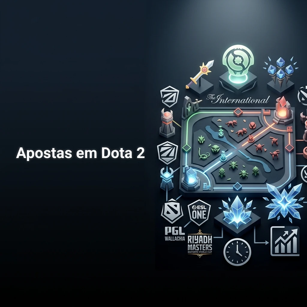Apostas em Dota 2 com mercados de totais, handicaps e ao vivo, destacando torneios The International e DreamLeague